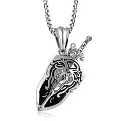Male Silver with Black Sword and Shield Necklace