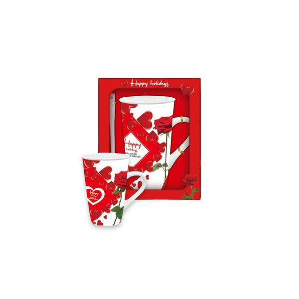 Red and White Happy Holiday Gift Mug with Red Hearts and Rosses