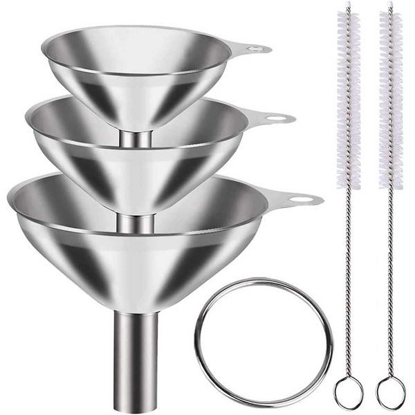 3 Pieces Stainless Steel Funnel Food Grade Metal Kitchen Funnel w/ 2 Brushes