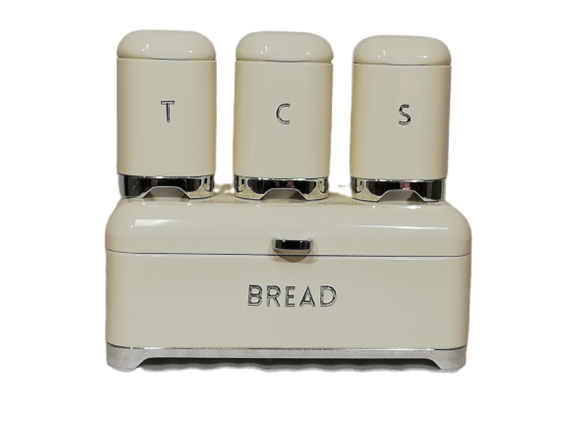 Bread Bin &amp; Cannister Set 4pc Retro Beige &amp; Silver