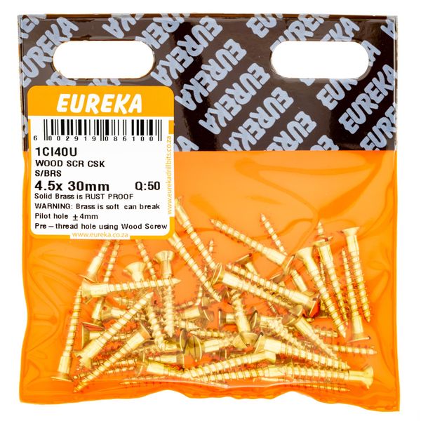 EUREKA Wood Screw Countersunk Solid Brass 4.5 x 30mm Q:50 1CI40U