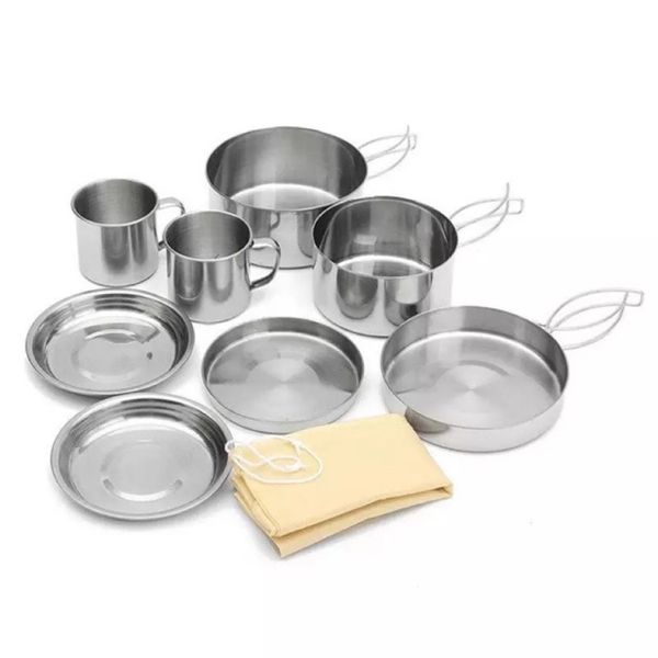 8 Piece Stacked S. Steel Portable Camping Cookware Set