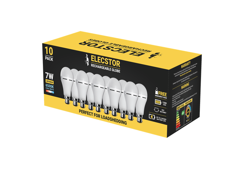 Elecstor 7W B22 Rechargeable Globe 1200mah - A60 Cool White 10 Pk Bayonet