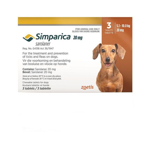 SIMPARICA 20mg Light Brown 5.1-10.0kg 3 Chewable Tick &amp; Flea Tablets