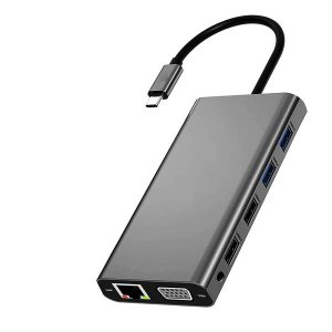 Tuff-Luv 12 in 1 Hub Type C Dual HDMI+VGA+USB*4+RJ45+3.5AUDIO+SD+TF with 100watt PowerPass through delivery - Silver