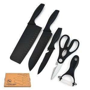 5 Piece Stainless Steel Knife Set with Peeler &amp; Scissors - Black