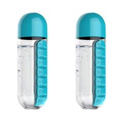 Pack Of 2 600ml Outdoor Water Bottles With 7 Day Pill Box Organizer - Blue