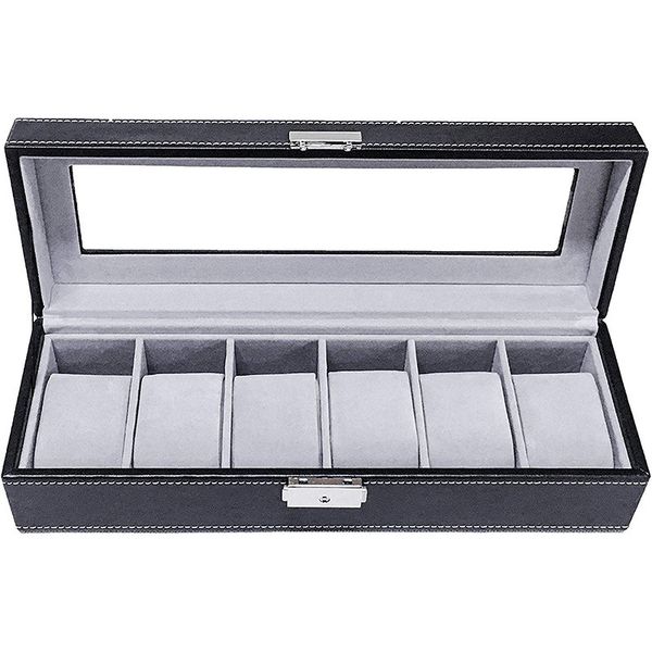 CellTime 6 Slot Watch Box Organizer PU Leather with Glass Top - Black