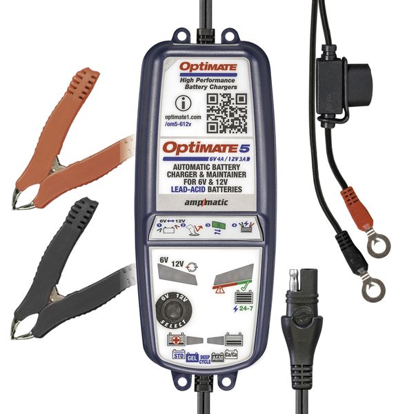 OptiMate 5 Select - Dual-Voltage 6V/12V Smart Battery Charger &amp; Maintainer