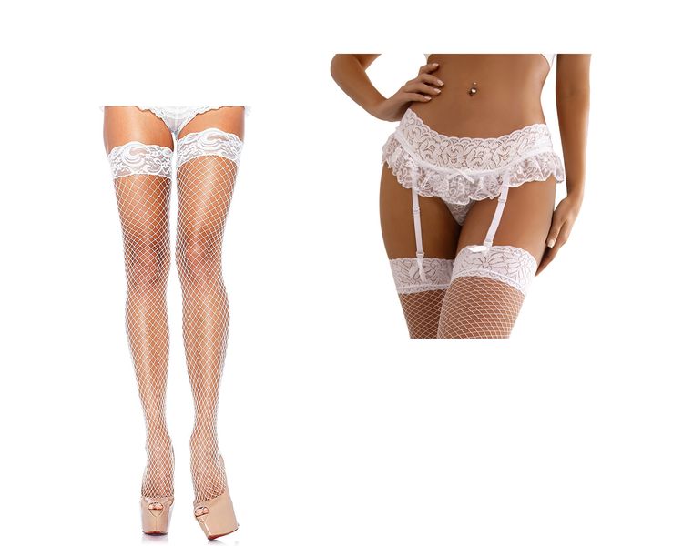 White Floral Lace Suspender Garter Belt Thong Set with Thigh High Stockings