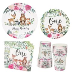 iKids Birthday Party Plates Cups and Napkins For 16 Guests -Woodland