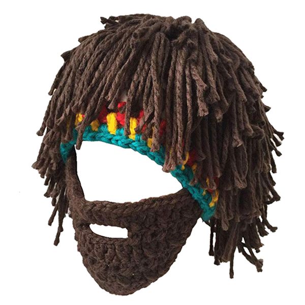 Creative Funny Original Knit Beard Wig Beanie Hat - Brown