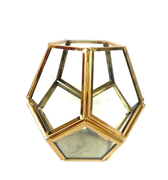 Glass Geometric Shape Votive Candle Holder 11cm - Old Gold Antique Finish