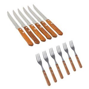Steak Knife &amp; Fork Set - Stainless Steel with Wood Handles (6 Set)
