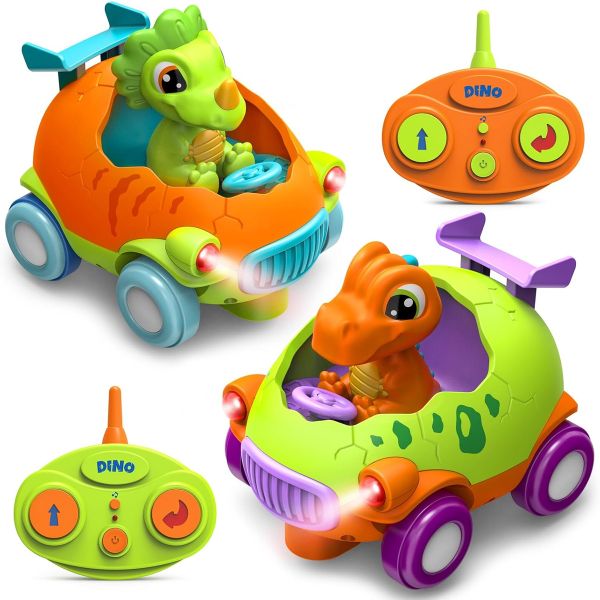 2 Pack Orange and Green Dinosaur eggshell RC Car with LED Lights and Music