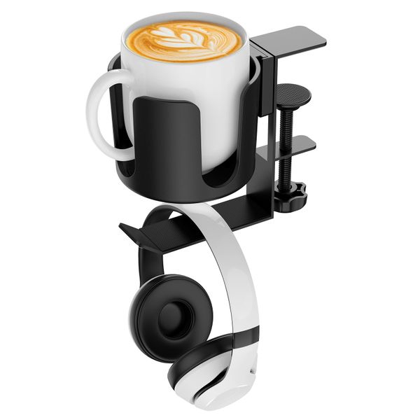 2 in 1 Headphone Hanger with Desk Cup Holder - Under Desk Clamp Rotatable