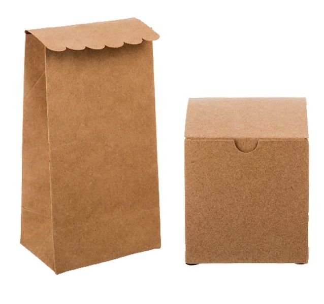 Brown Paper Party Bags 6pc 16x9cm &amp; Boxes 10pc 7x7cm