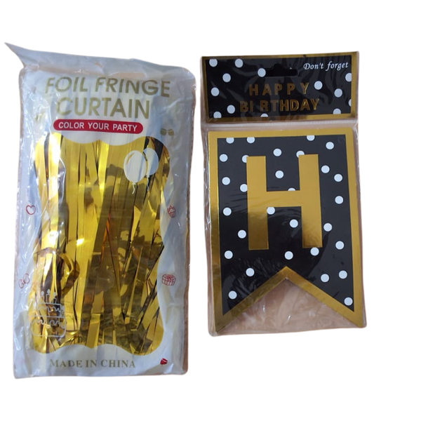 Party Set - Happy Birthday Banner and Foil Fringe Curtain