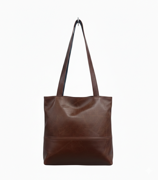 Brown Leather Square Tote Bag 26 x 26 cm - Genuine Leather Everyday Handbag
