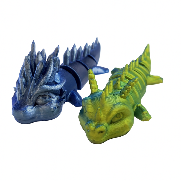 2-Piece 3D Printed Moveable Dragon Set - Silver Blue &amp; Gold Blue - 10 cm
