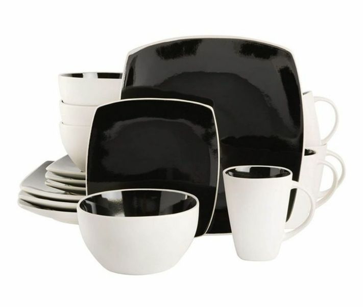 Dream World 16 Pieces Square Ceramic Dinner Set - Black &amp; White