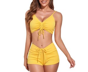 Olive Tree - Ladies 2-Piece V Neck Front Tie String Ribbed Bikini - Yellow