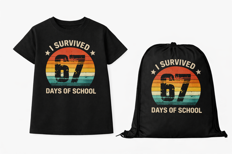 Kids - I survived 67 days of school Black T-shirt &amp; Drawstring Bag