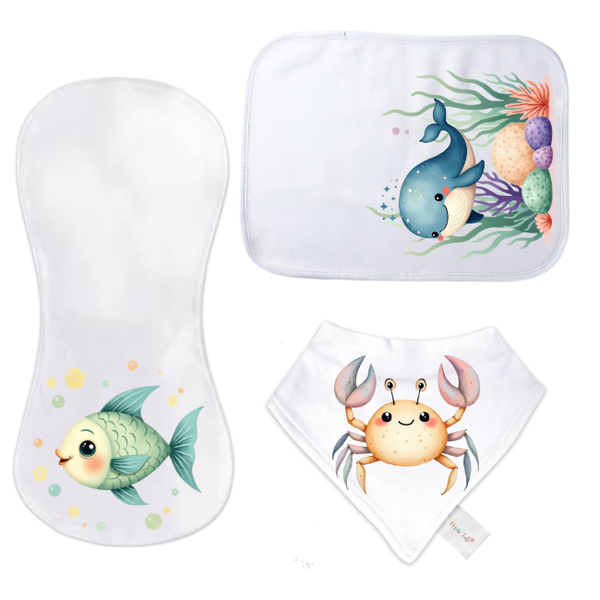 Baby-3 Piece Burp Cloth and Bandana Bib Gift Set-Combo#2-Coral Reef