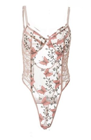 Women PinkPEmbroidery Mesh Lace Up Underwire Lingerie Bodysuit