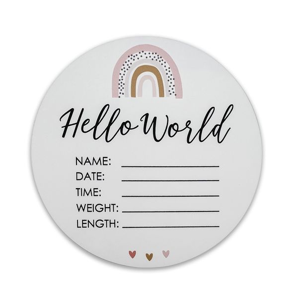 Rainbow Hello World Newborn Baby Announcement Disc