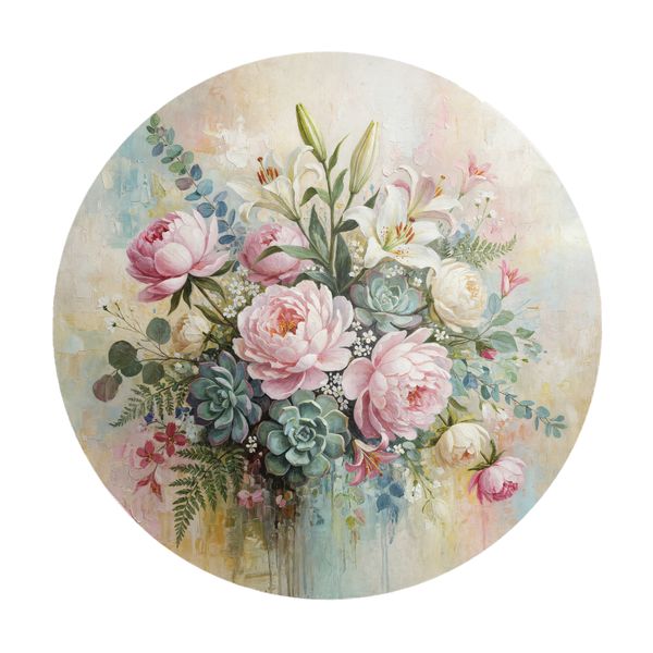 Pink Painted Peony &amp; Succulents Round Tablecloth