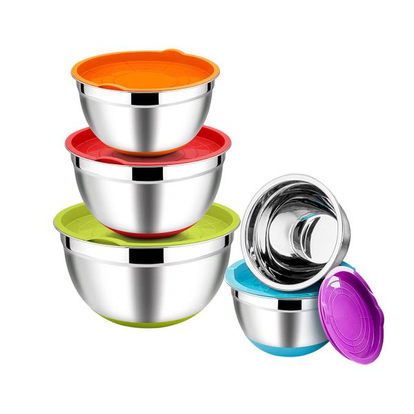 Colourful Stainless Steel Nested Mixing Bowl with Airtight Lids, Set of 5