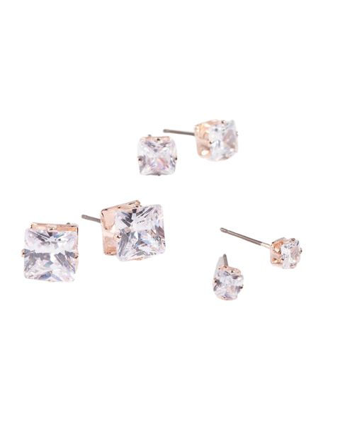 Rose Gold Graduated Princess Cut Diamante Stud Earring Pack