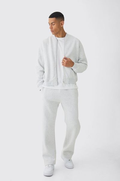 boohooMAN - Men's Paisley Embroidered Jersey Bomber Jacket Tracksuit - Grey