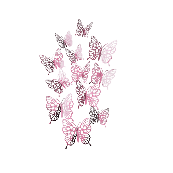 12-Piece PVC Pink Butterfly Hollow Out 3D Butterfly Wall Decor Stickers Set