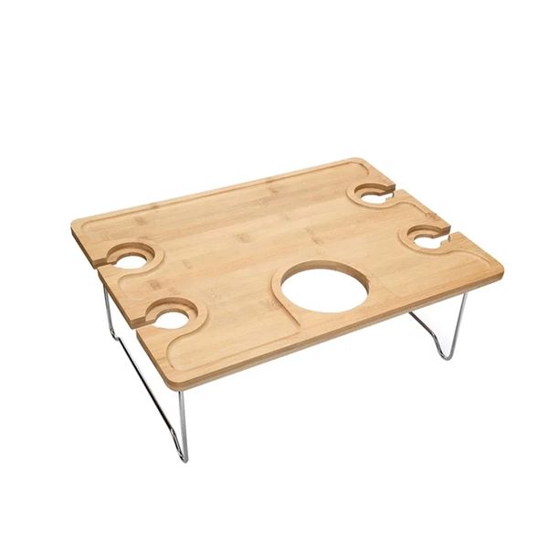 Home &amp; Garden Foldable Bamboo Wine Picnic Table with Glass &amp; Bottle Holder