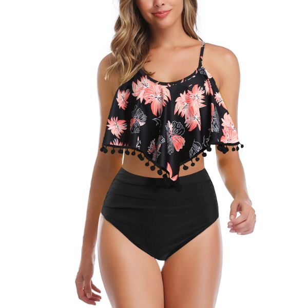 Olive Tree-Ladies Ruffled Pom Pom High Waist Swimsuit-Black Flower