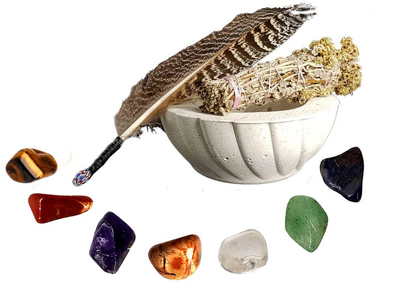 Smudge Bowl&amp;Smudge Wand -Peacock Smoke Feather Fan&amp;7 Chakra stones- Grey