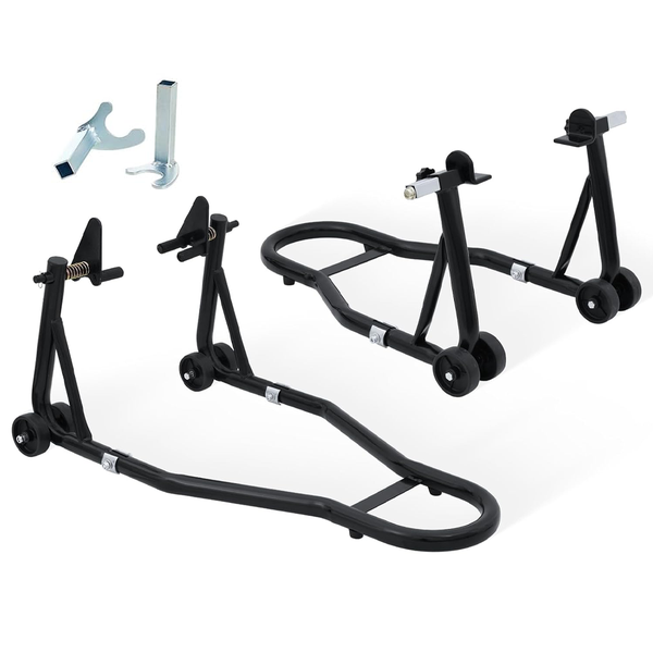 Motorcycle Front Rear Stand Set Universal Adjustable with Wheels U+L Fork