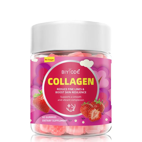 Biyode Strawberry Flavor Sugar Free Collagen 60 Gummies Reduces Fine Lines