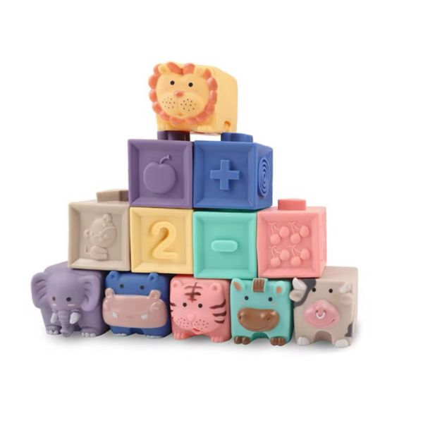 Soft Silicone Educational Baby Building Blocks - Animals + Numbers/