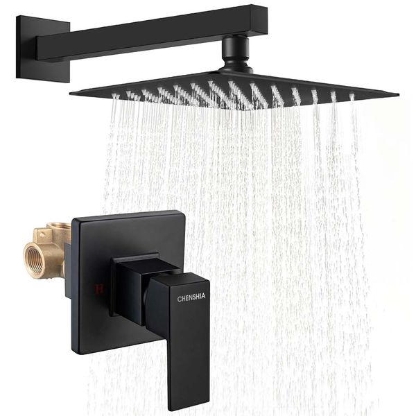 Chenshia 25cm Luxury Stainless Steel Rainfall Shower Faucet Arm &amp; Mixer Set