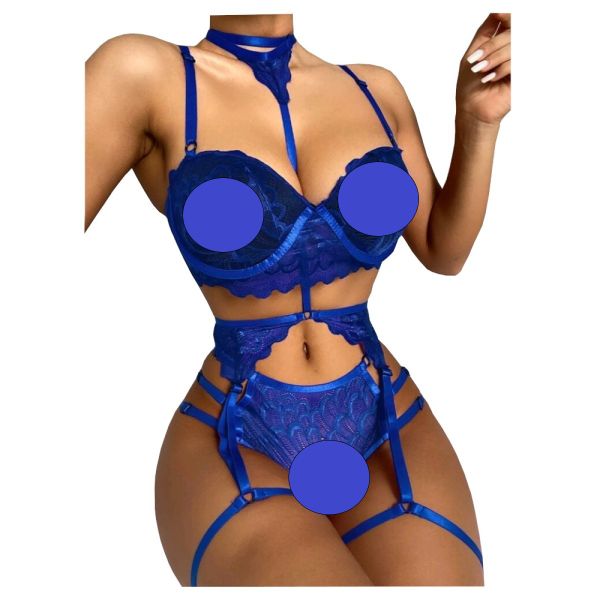 Sinful Indulgence 3 Piece Scallop Lace Push-Up Garter Lingerie Set - Red