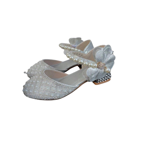 Girls Pearl &amp; Rhinestone Block Heels - Silver - Size EUR 27 (17.6cm)