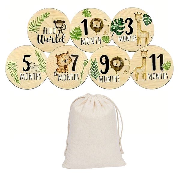 Wooden Animal Baby Milestone Disc Cards - Set of 7