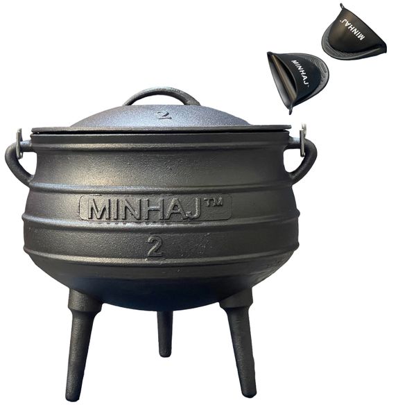 Minhaj - Cast Iron Potjie Pot Size 2 with 2 Silicone Gloves
