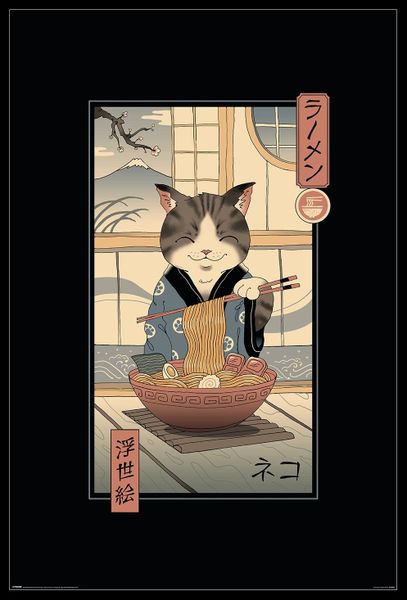 Vincent Trinidad - Neko Ramen Ukiyoe Poster with Black Frame