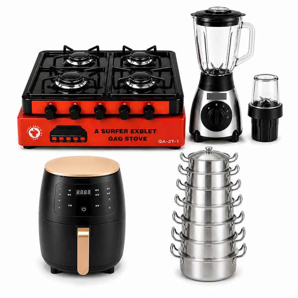 4 Burner Gas Stove Kitchen Set with 6L AirFryer, 2L Blender &amp; 14piece Pot