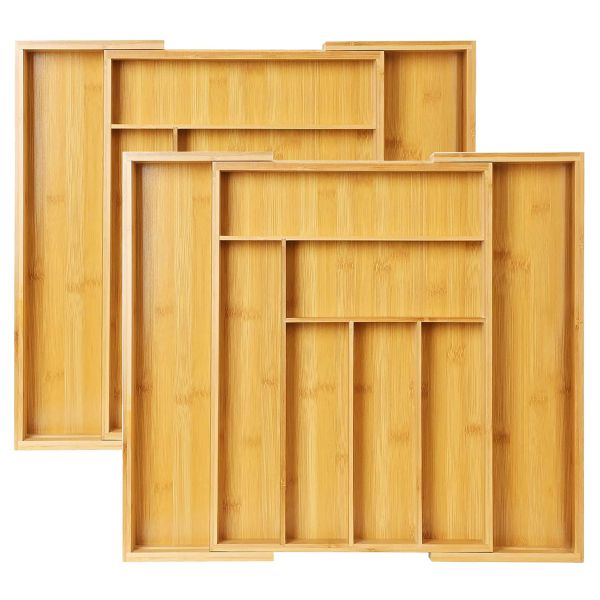 2 Pack - Expandable Utensil Organizer Drawer Bamboo Cutlery Tray