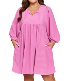 Lucy Pink Tie Strings Detail Plus Size Dress for Women with Pockets
